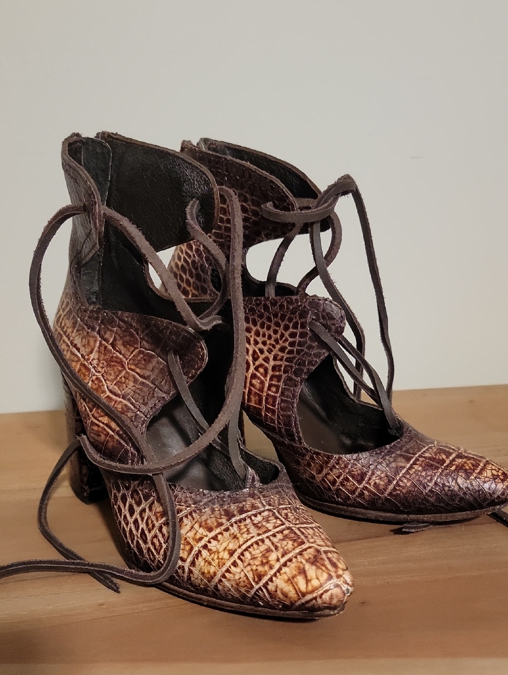 Freebird by Steven Brown Croc-Embossed Lace-Up Heels